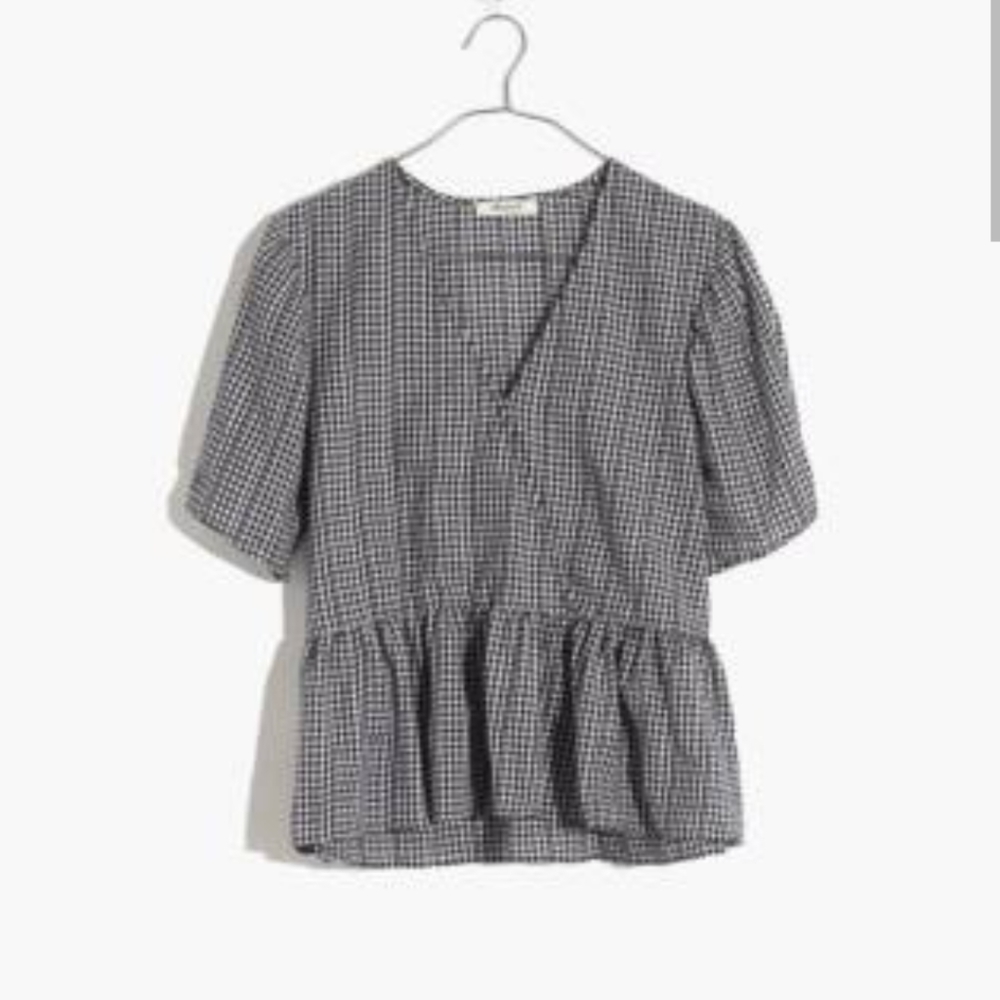 Crossover peplum gingham top - BLACK